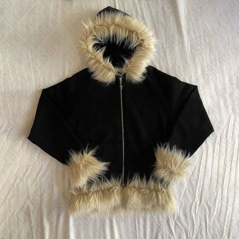 Solid fur patch work mens hoodie autumn/winter Y2K zipper warm short sleeved top unisex 241218