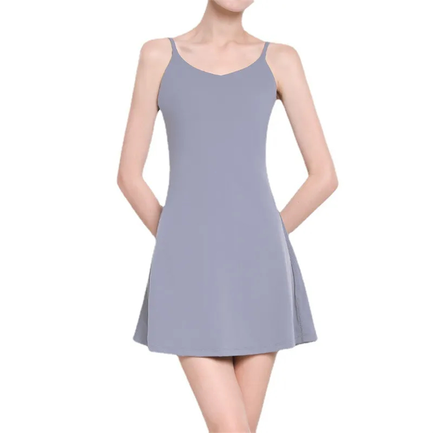 Yoga Thin Strap Dress Tennis Tank Top Dresses With Chest Pads High Elastic Slim Fit Sweat-Wicking Breathable Sports Skirts For Outdoor Leisure Trainin