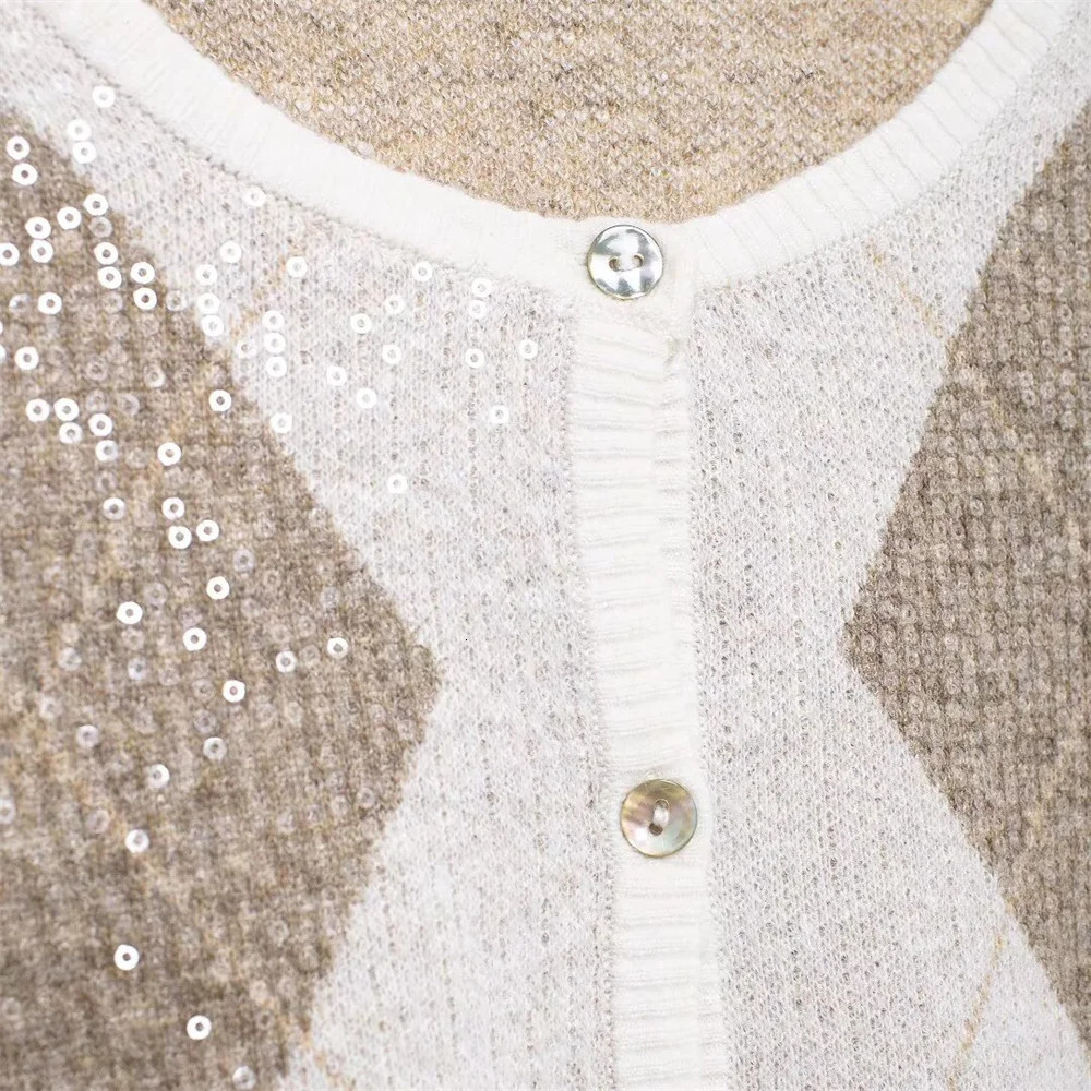 UNIZERA womens knitted jacket cardigan round neck long sleeved pearl embellished diamond pattern autumn sweater 241219