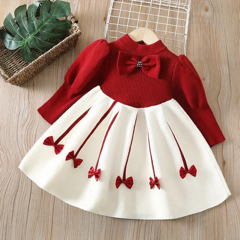 Girls Casual Dresses Bow Puffy Sleeve Sweater Girls Winter Clothes Kids Dresses for Girls 2 To 8 Years Princess Dress Toddler 241219