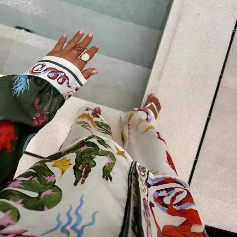 Tropical Style Printed Loose Pants Suit Women Chic Lapel Long Sleeve Shirts Colorful Trousers Sets Female Casual Beach Outfits 241218