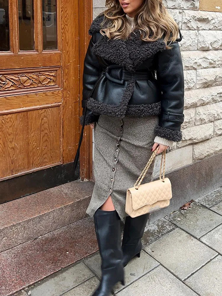 Women Fashion Lamb Wool Plush Splicing Short Coat Female Lapel Long Sleeve Pocket Thick Jacket Fall Winter Lady Warm Streetwear 241219