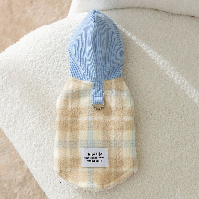 Cross border plush thick little dog clothing checkerboard patterned hooded winter Dog Apparel Pet Clothes