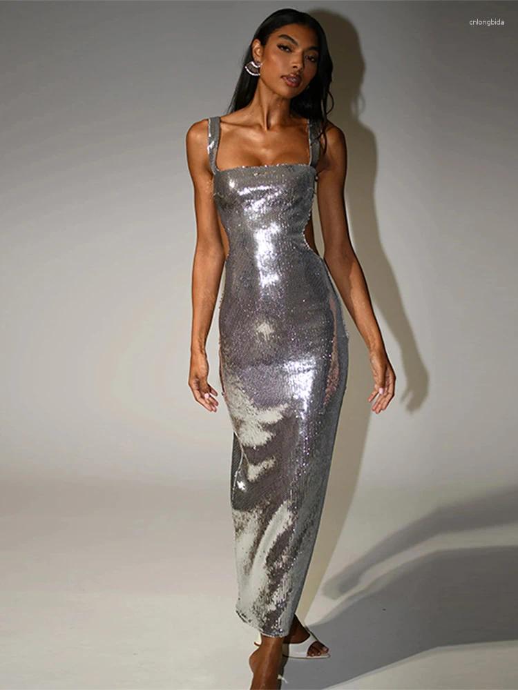 Casual Dresses Glitter Sequins Backless Long Dress Women High Waist Strap Cut Out Slim Sleeveless Bodycon Female Evening Party Robe