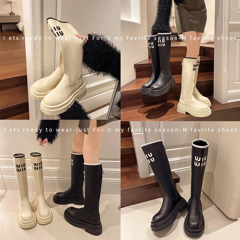 New women's leather thick sole knee high stretch 2025 autumn and winter new designer letter height motorcycle boots trendy motorcycle shoes