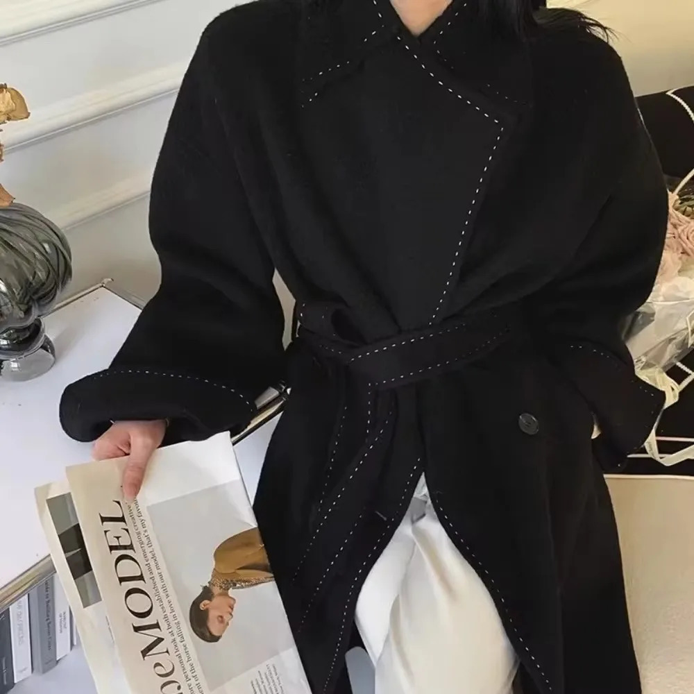 Autumn Winter DoubleSided Cashmere Coat Women Long Loose Turndown Collar Belt Wool Casual Fashion Outwear 241217