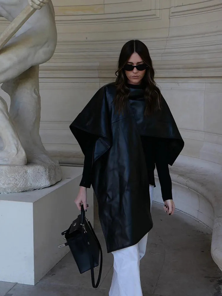Fashion Leather Coat Women Y2k Asymmetrical Sleeveless O-neck Female Cape Jacket Female Autumn Winter Black Lady Outwear 241218