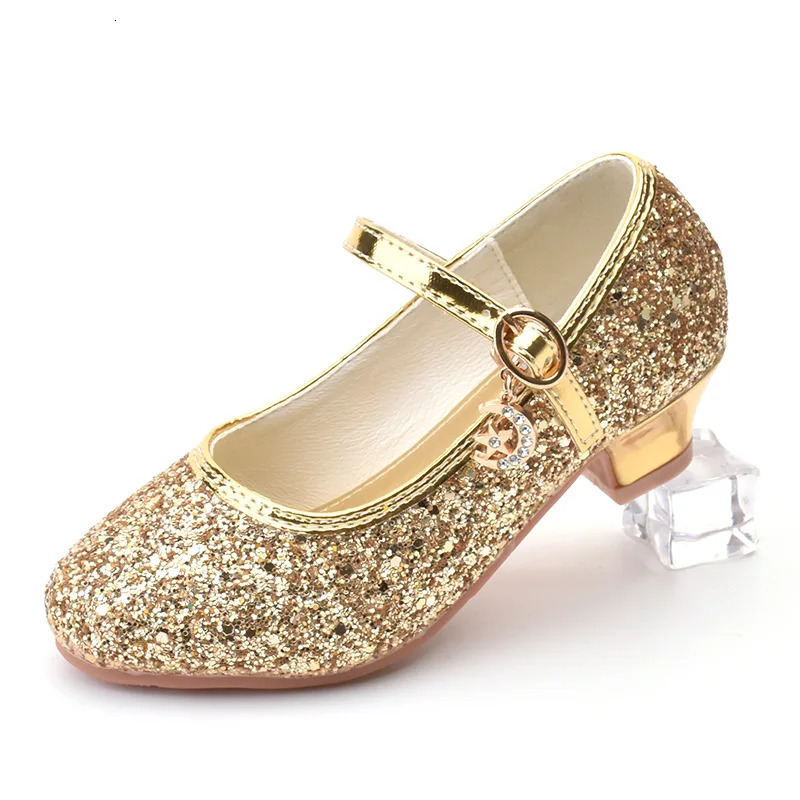 Girls Shoes Children High Heel Glitter Crystal Sandals Fashion Buckle Kids Princess Dance Shoe Student Performance Leather Shoes 241219