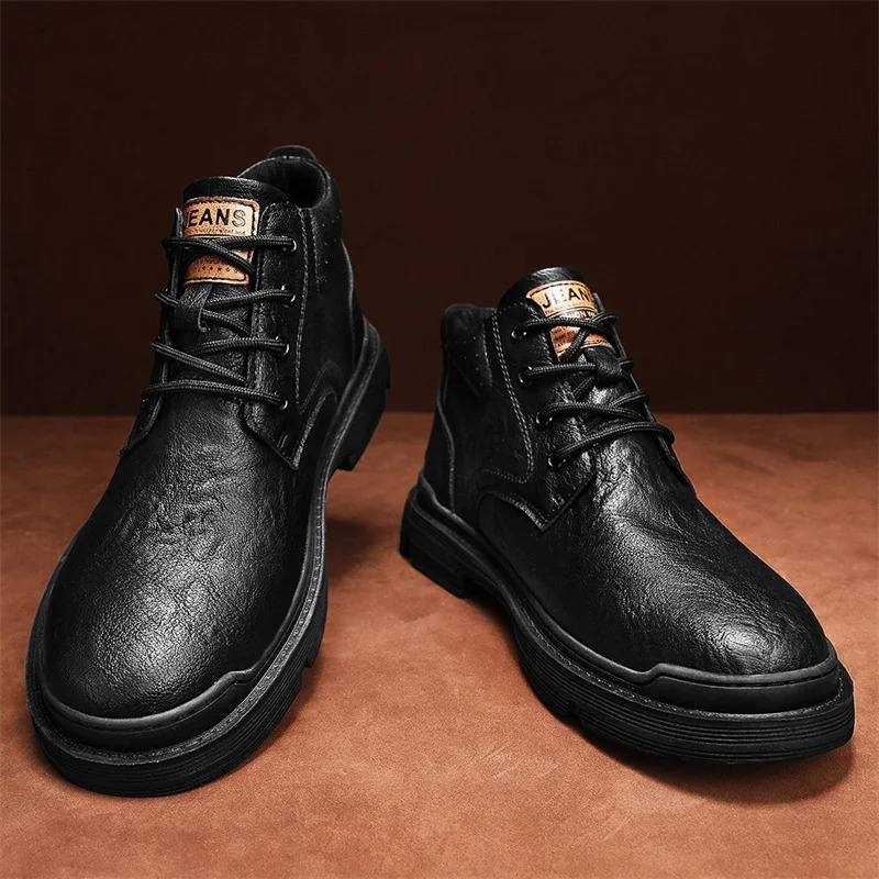 Winter Leather Men Boots With Fur Plus Size 38-46 Daily Fashion Ankle Boots Keep Warm Work Shoes For Men 241216