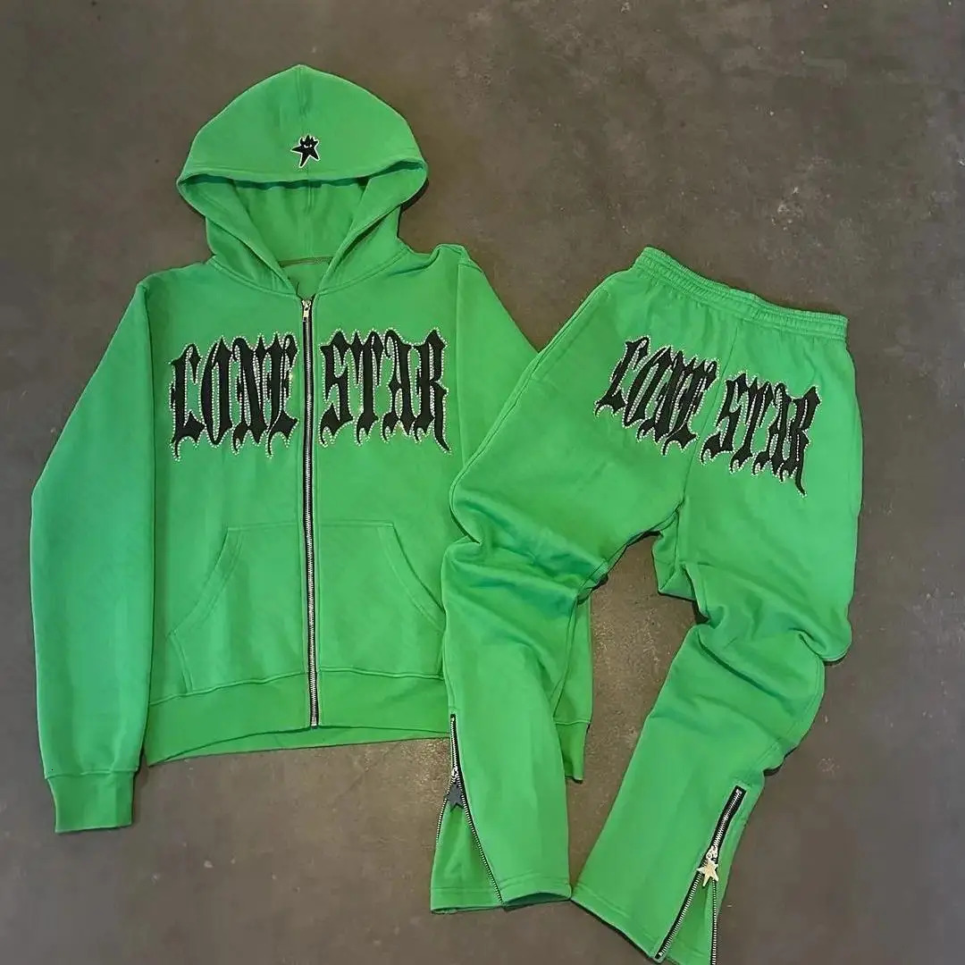 Aesthetic Streetwear Man Set Sweatshirts Y2K Classic Fashion Women Hooded Rhinestones Graphics Rock Vintage Hip Hop Zip Hoodies 241218