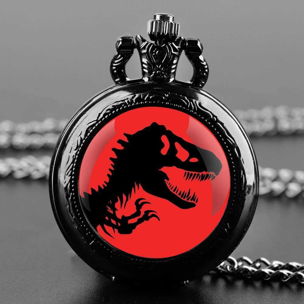 Jurassic Park Dinosaur Glass Dome Unisex Arabic Numeral Quartz Pocket Women Man Necklace Pendant Accory with Chain GiftXJ241219