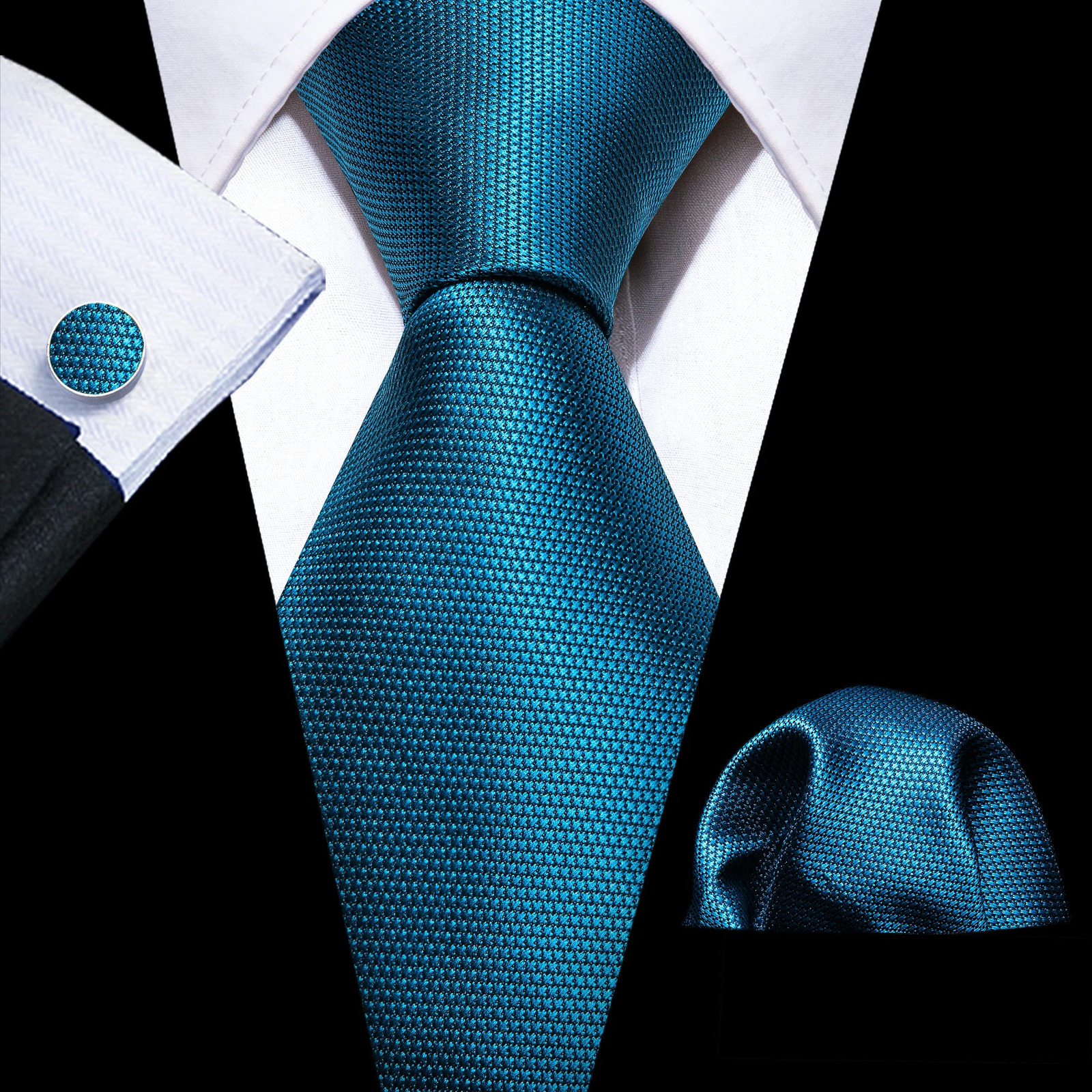 Noverlty Teal Silk Necktie For Men Solid Suit Pocket Square Cufflinks High Quality Tie Set Wedding Party Barry.Wang 241219
