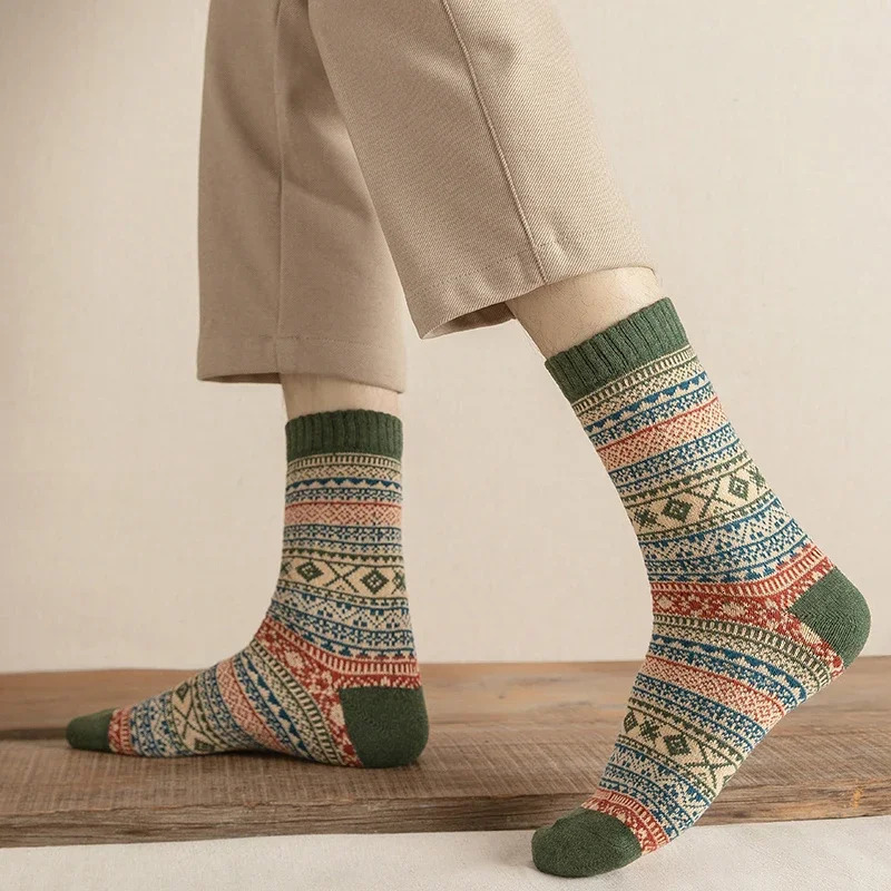 5 Pairs Lot Pack Women Socks Autumn Winter Snow Thickened Thermal Warm Folk-custom Retro Nordic Style Wool Socks Christmas Gift 241223