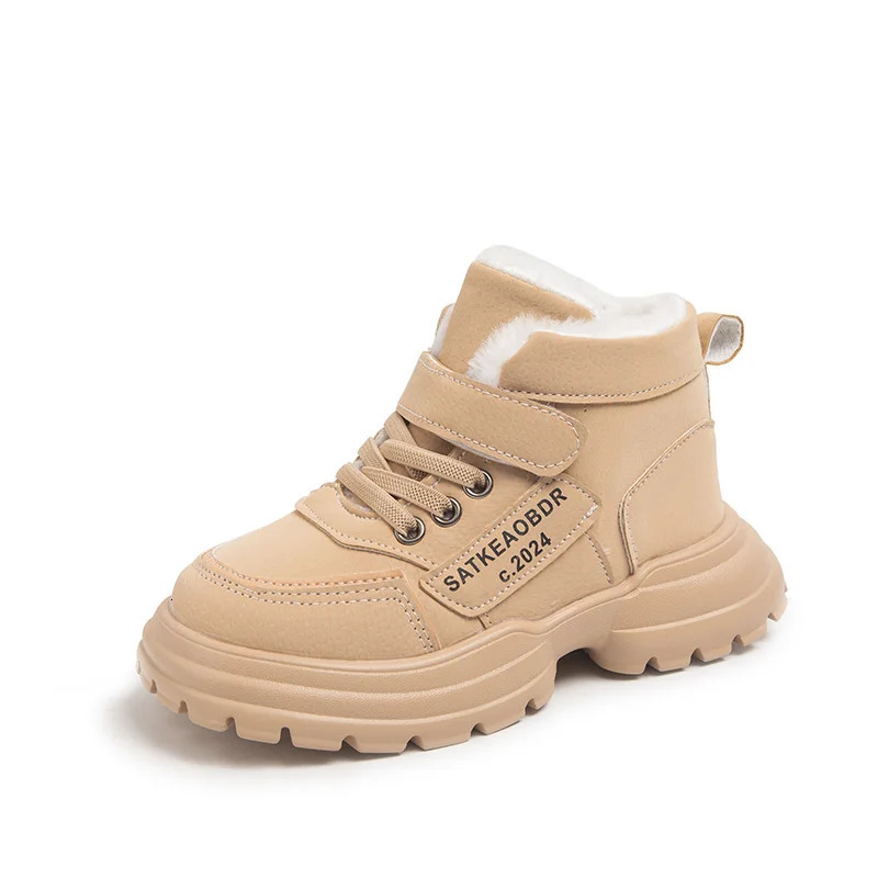 Boys Girls Sports Boots with Fur Kids Ankle Boots Warm for Winter Fashion Sweet Students Short Boots Non-slip Soft Sole 241219