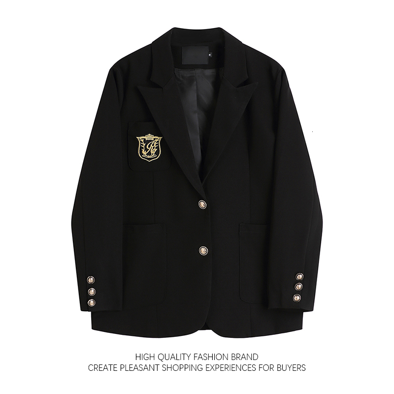 College Style Emblem Suit Coat Women's Spring Autumn Button Black Jacket 2023 New Casual Loose Slim Blazer Unisex Coats