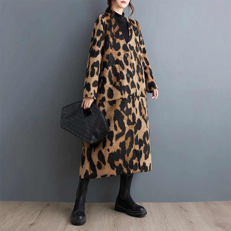 #6926 Spring Autumn Long Leopard Trench Coat Women V-neck Loose Pockets Vintage A-line Trenchcoat Single Breasted Streetwear 241219
