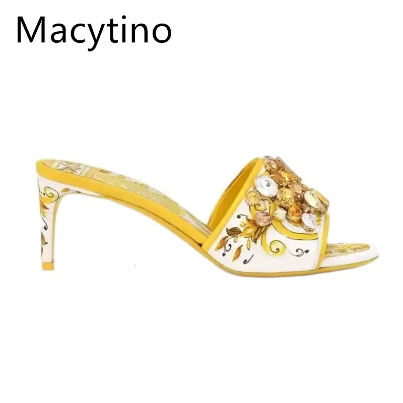 Summer Printed High Heeled Sandals Women's Bohemian Rhie Jewel Open-Toe Stiletto Slippers Party Shoes
