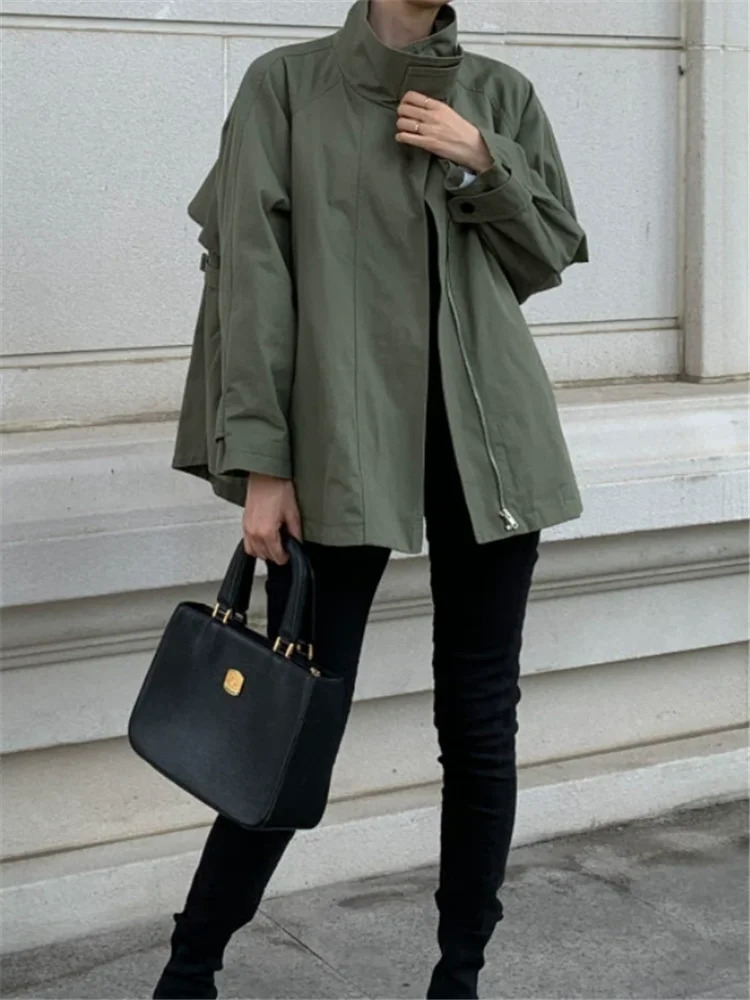 Retro British Fashion Stand Collar Short Trench Cloak Women Fall Lazy Style Windbreaker Coat Khaki Army Green Loose Jacket 241218