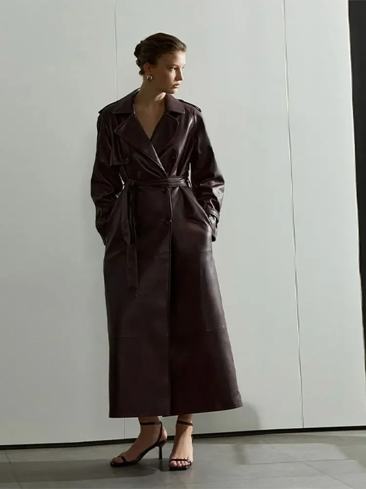 Womens Burgundy Pu Leather Long coat 2024 Fashion Lapel Vintage Overcoat With Belt Autumn Winter Chic Warm Solid Outerwear 241219 - view 3