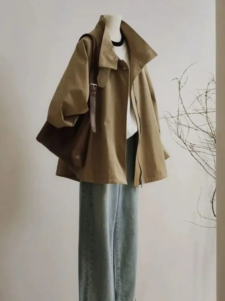 Khaki Cropped Trench Coat Jacket Vintage Autumn Casual American Cargo Wear Elegant Simple Clothing Zipper Fashion 241218