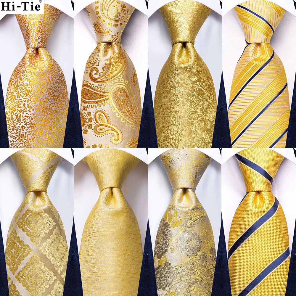 Elegent Tie for Men Yellow Gold Paisley Fashion Wedding Party Necktie Handky Cufflinks Wholesale Hi-Tie 241219
