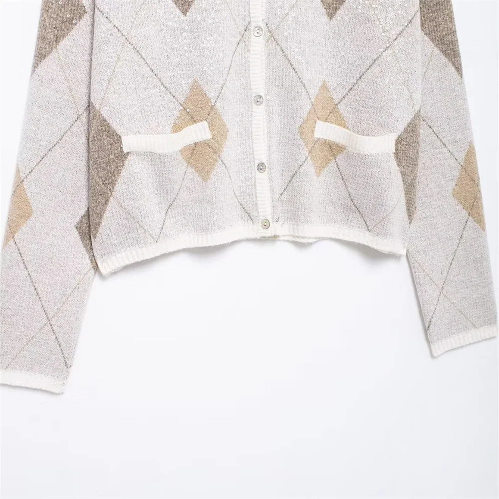 UNIZERA womens knitted jacket cardigan round neck long sleeved pearl embellished diamond pattern autumn sweater 241219