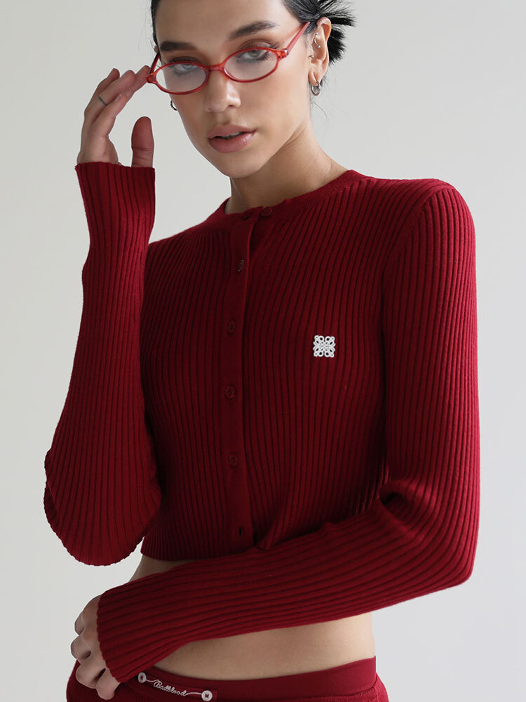 Badblood American Retro Knitted Cardigan Sweater Embroidered Round Neck Slimming Red Autumn Jacket
