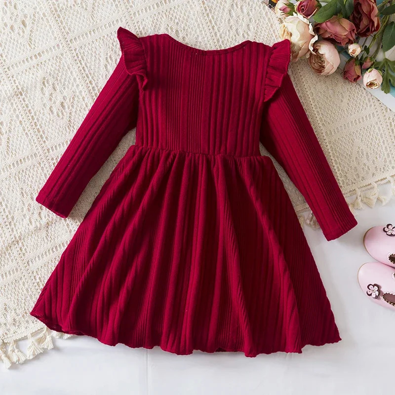 Year Red Girl Knitting Rib Wool Long Sleeve Princess Dress Autumn Winter Warm Sweater Dress Kid Christmas Casual Clothes 241219