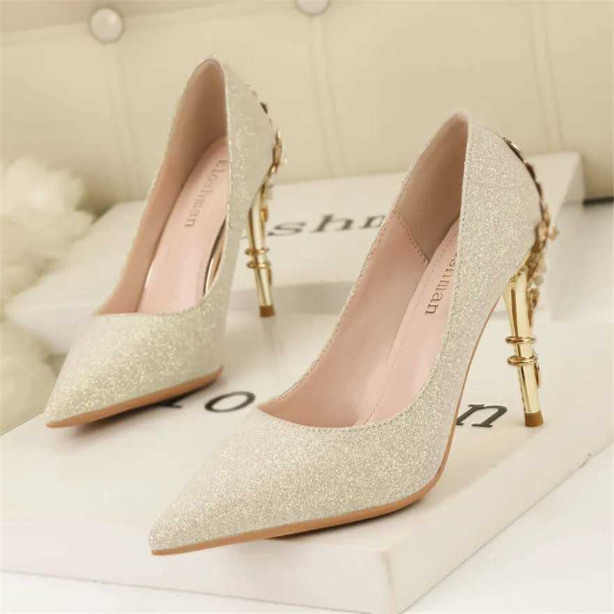 Light Sexy Women Dress Shoes Autumn Metal wer Fashion High Heel Wedding White Pointed Sequins Shiny Female Pumps