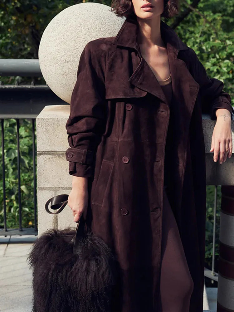 Winter Brown Suede Leather Long Coats With Belt Women Lapel Double Breasted Overcoat Female Retro High Street Outwear 241217