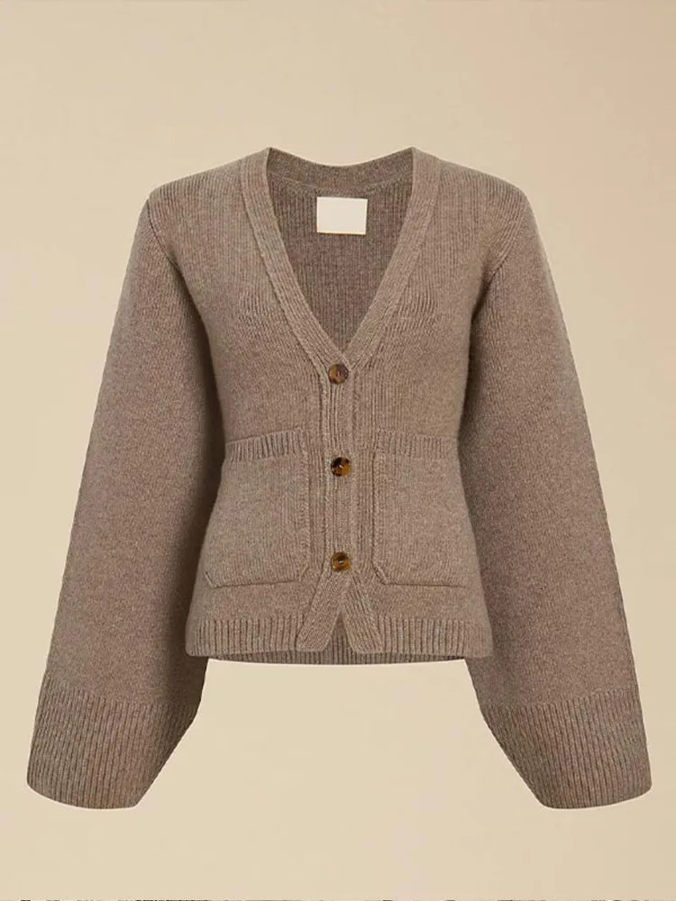 Womens Khaki Metal Buttons Knitted Cardigan Fashion V-neck Long Sleeves With Pocket Slim Jumper Tops 2024 Lady Commute Outwear 241219bj