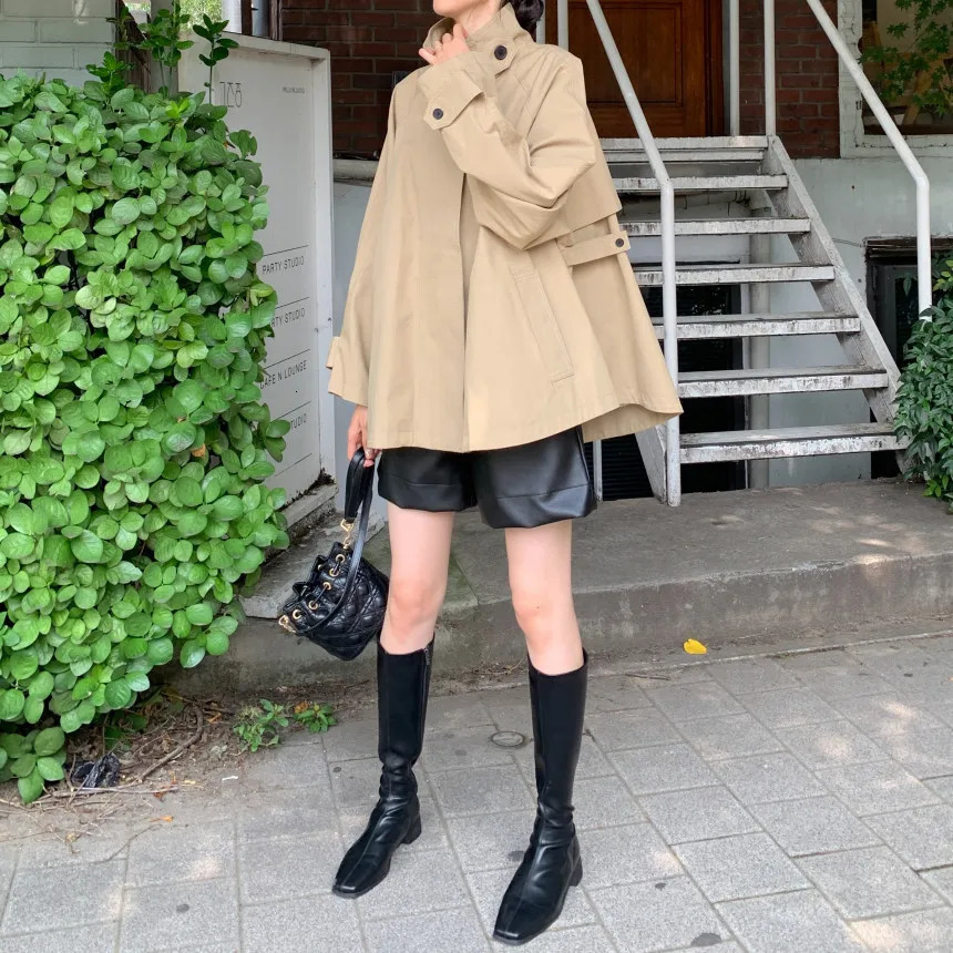 Retro British Fashion Stand Collar Short Trench Cloak Women Fall Lazy Style Windbreaker Coat Khaki Army Green Loose Jacket 241218