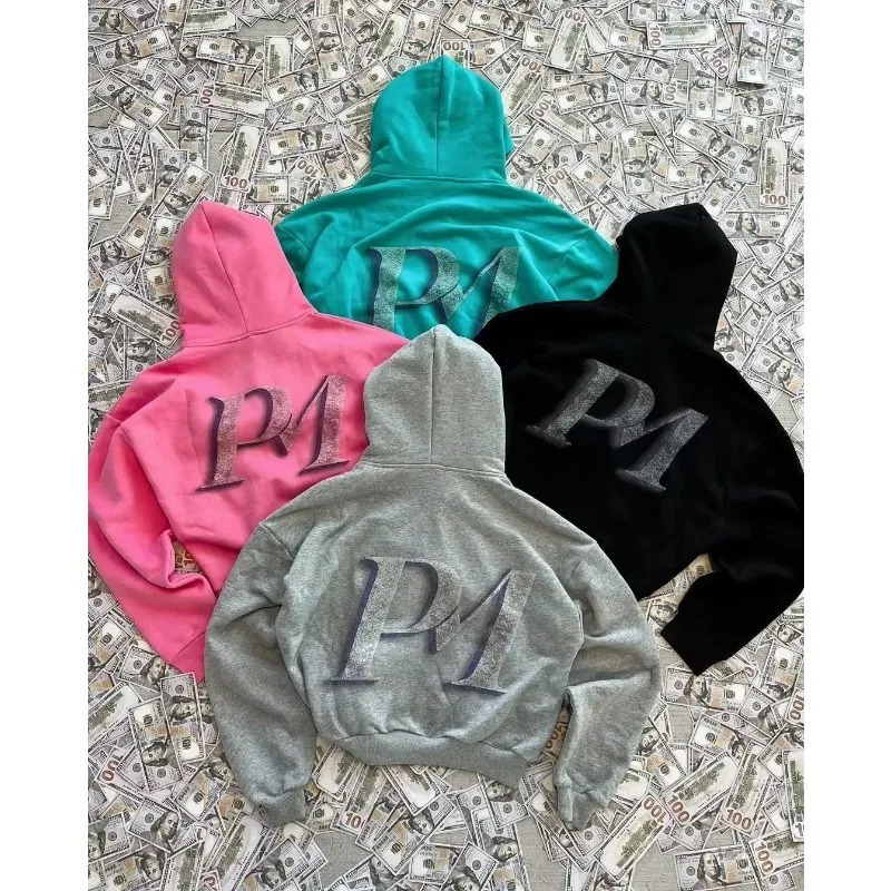 American retro hooded sweater for men and women couple models skull lazy wind print hooded long-sleeved zipper hooded sweater 241218