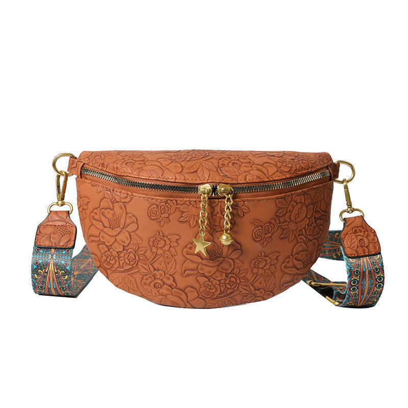 Flower embossed chest bag, women's fashionable casual versatile waist bag, ethnic style shoulder strap, large capacity shoulder crossbody bag 241