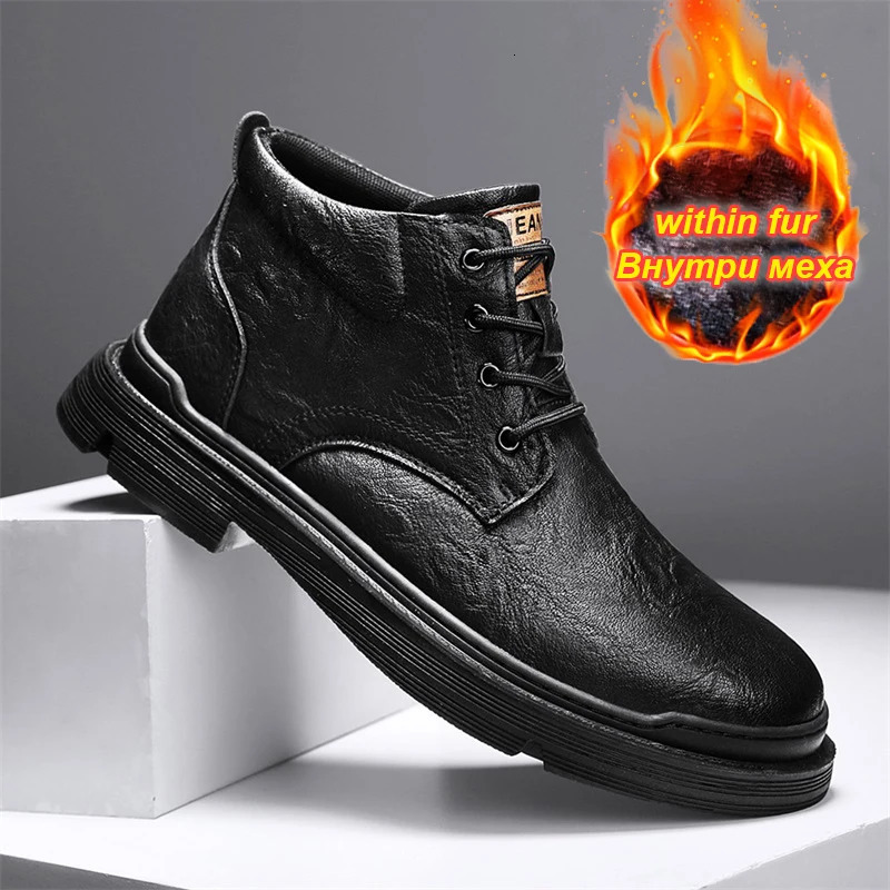 Winter Leather Men Boots With Fur Plus Size 38-46 Daily Fashion Ankle Boots Keep Warm Work Shoes For Men 241216
