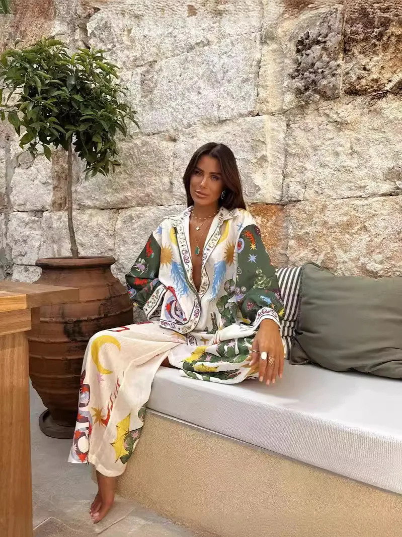 Tropical Style Printed Loose Pants Suit Women Chic Lapel Long Sleeve Shirts Colorful Trousers Sets Female Casual Beach Outfits 241218