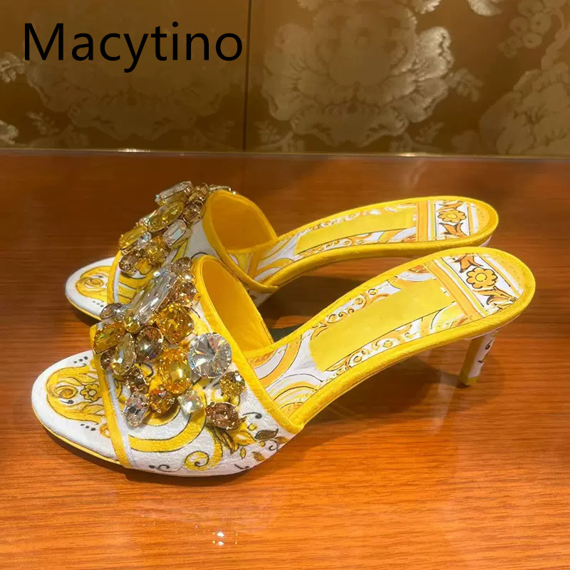 Summer Printed High Heeled Sandals Women's Bohemian Rhie Jewel Open-Toe Stiletto Slippers Party Shoes