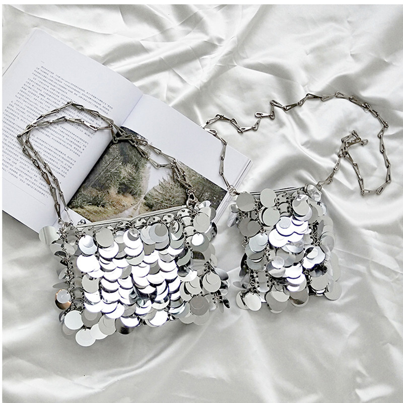 Women Glitter Designer Sier Metal Sequin Chain Woven Evening Bags Clutch Travel Holiday Shoulder Bag Handbag