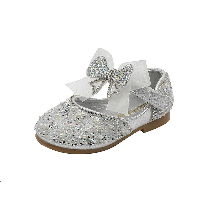 Childrens Sequined Leather Shoes Girls Princess Rhinestone Bowknot Single Shoes Fashion Baby Kids Wedding Shoes 241219