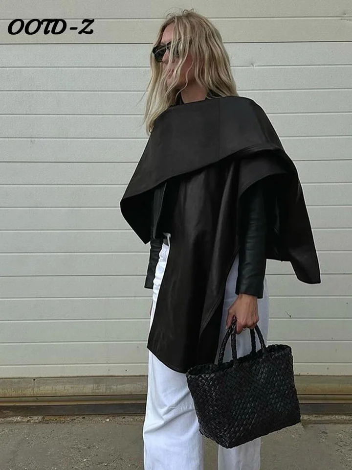 Fashion Leather Coat Women Y2k Asymmetrical Sleeveless O-neck Female Cape Jacket Female Autumn Winter Black Lady Outwear 241218