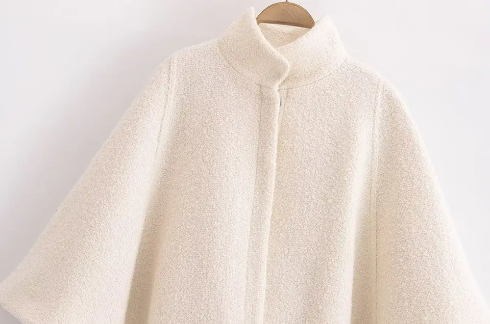 TRAFZA-Women Elegant Cape Coat Stand-up Collar Single Button Beige Loose Coat 2025 Fashion Fall Winter Dinner Coat 241218