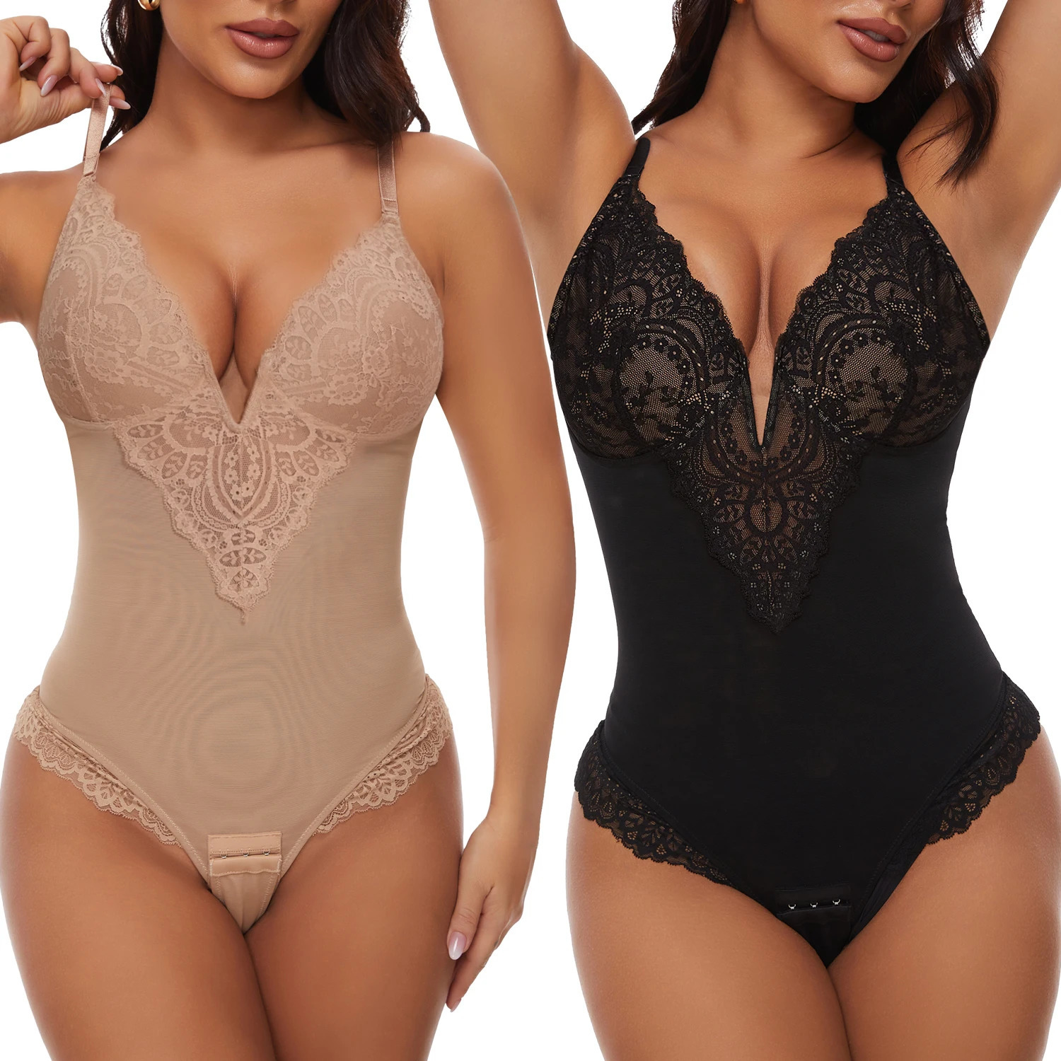 Sexy Lace Shapewear Bodysuits Slimming Bodys Women V-shaped Bra Underwear Thong Bottom Full Body Shapers Shapewear Jumpsuit 241219