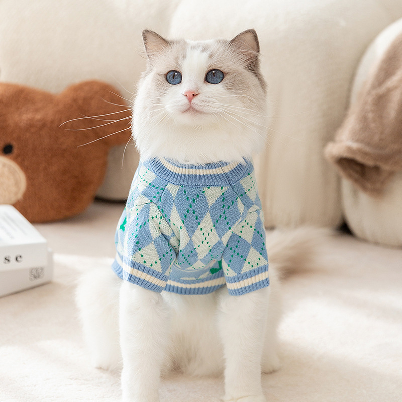 Autumn and winter cat clothes, simple knitted sweater, thickened warm cover, two legged clothes, blue cat pet clothing