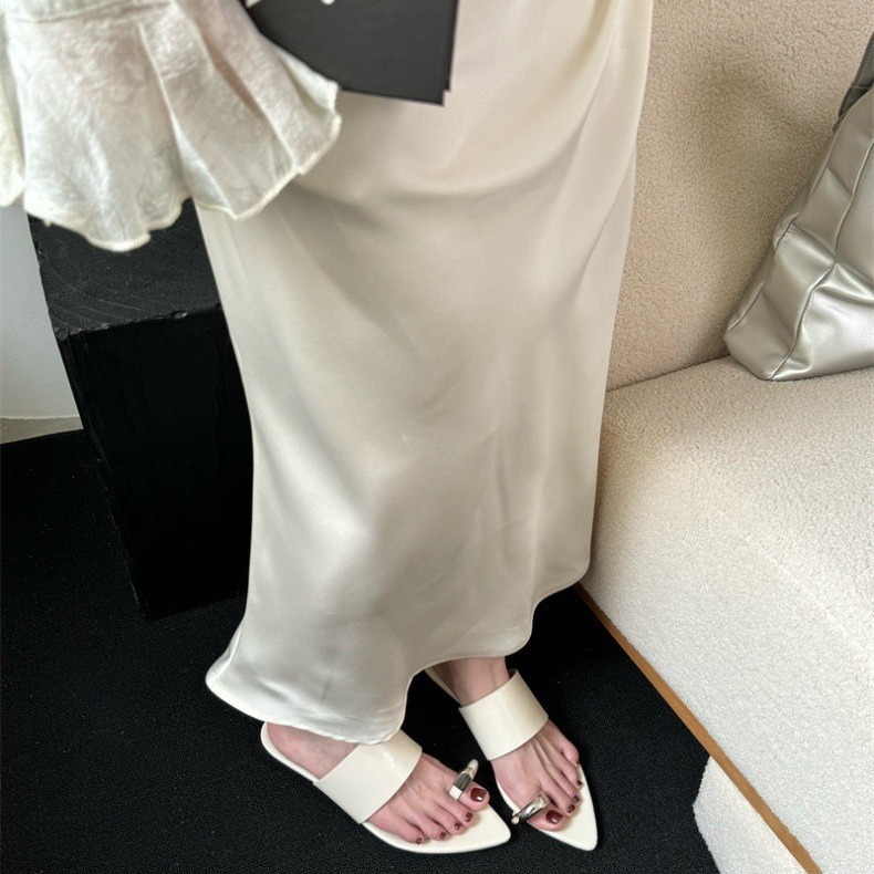 Free shipping designer sandals for women flat sandals black beige sliver gold Sharp pointed straight metal buckle cooler