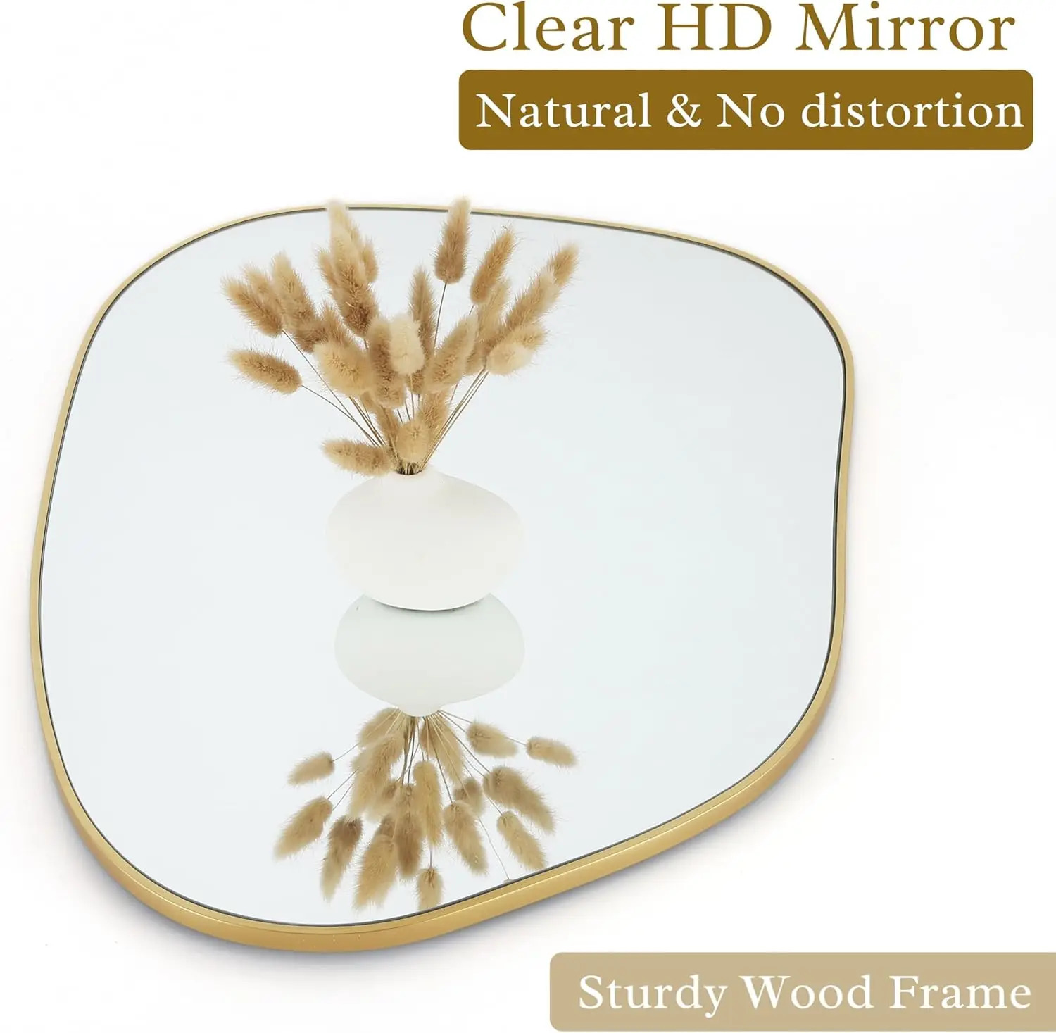 PERFNIQUE irregular wall mirror asymmetric mirror 28 inch x 20 inch gold wood frame mirror used for bathroom bedroom living room entrance 241211
