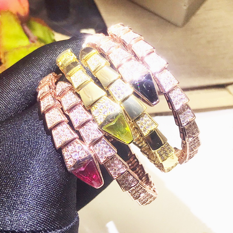 Designer Collection Elastic Wide Bracelet Bangle Women Lady Settings Diamond Rubellite Onyx Plated Gold Color Single Circle Snake Serpent Snakelike Jewelry