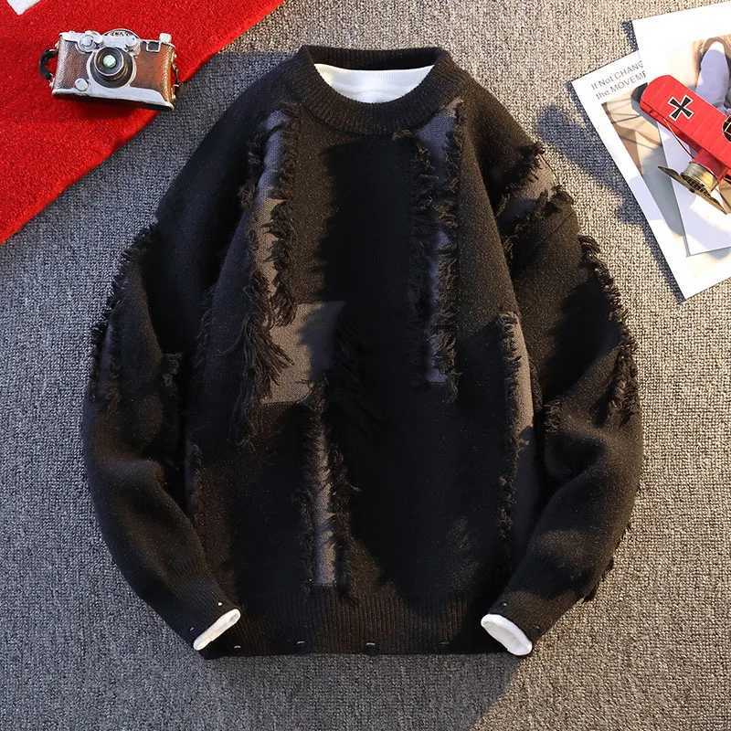 Mens autumn winter round neck threaded sweater knitted floral lantern long sleeved Distressed solid color top W241219