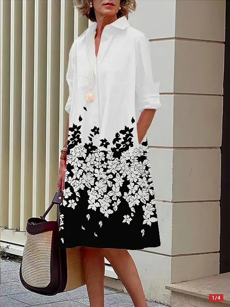 Urban Fashion Ladies Long Sleeve Shirt Dress Everyday Casual Party Elegant Summer Loose Comfortable Print 241218