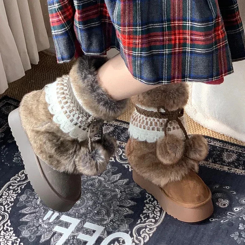 New Butterfly Knot Fur Snow Boots Women's Flat Heels Designer Winter Suede Flat Shoes Warm 2025 New Brand Fashion Sweet