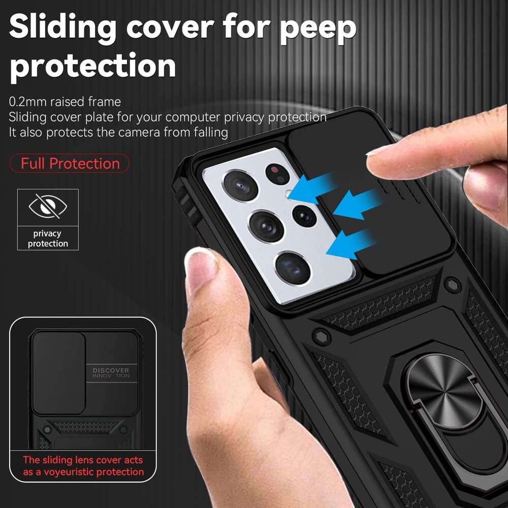 5G with HD Screen Protector Slide Camera Cover Rotated Ring Kickstand, Military-Grade 2 in 1 Phone Case for Galaxy S21 Ultra
